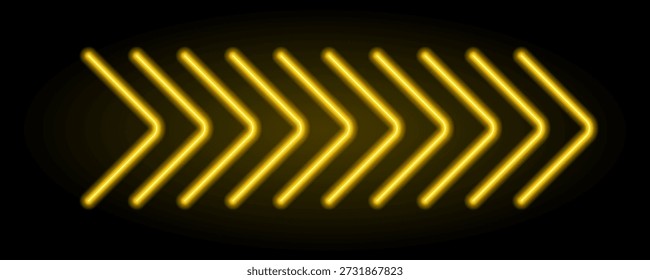 Yellow neon arrow element. Warm glowing led direction sign. Shine tube lamps in arrowhead shape. Bright luminous fluorescent pointer effect for banner, poster, logo. Vector neon led light illustration