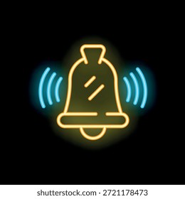 Icono amarillo de la campana de neón que suena en el fondo negro que representa el concepto de notificación