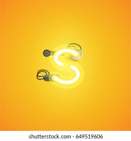 Yellow neon character from a font set on yellow background, vector illustration