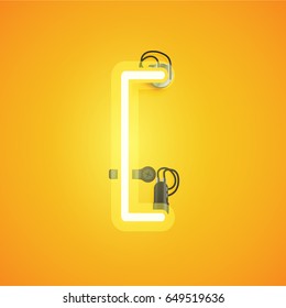 Yellow neon character from a font set on yellow background, vector illustration