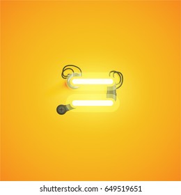 Yellow neon character from a font set on yellow background, vector illustration