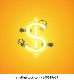 Yellow neon character from a font set on yellow background, vector illustration