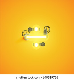 Yellow neon character from a font set on yellow background, vector illustration