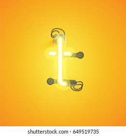 Yellow neon character from a font set on yellow background, vector illustration