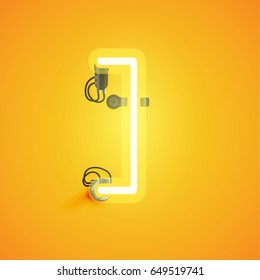 Yellow neon character from a font set on yellow background, vector illustration