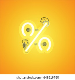 Yellow neon character from a font set on yellow background, vector illustration