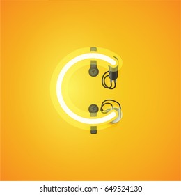 Yellow neon character from a font set on yellow background, vector illustration