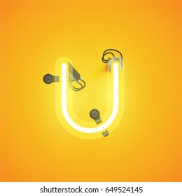 Yellow neon character from a font set on yellow background, vector illustration