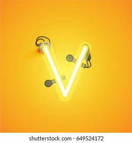 Yellow neon character from a font set on yellow background, vector illustration