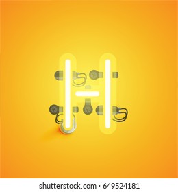 Yellow neon character from a font set on yellow background, vector illustration