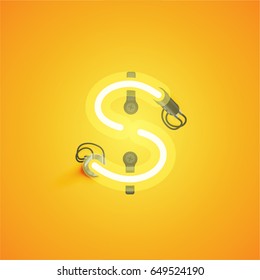 Yellow neon character from a font set on yellow background, vector illustration