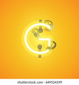Yellow neon character from a font set on yellow background, vector illustration