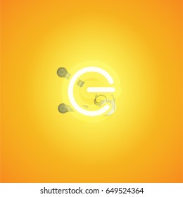 Yellow neon character from a font set on yellow background, vector illustration