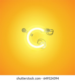 Yellow neon character from a font set on yellow background, vector illustration