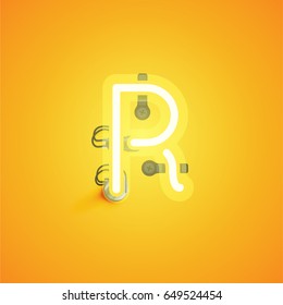 Yellow neon character from a font set on yellow background, vector illustration