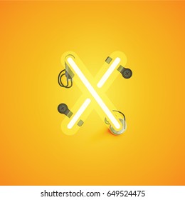 Yellow neon character from a font set on yellow background, vector illustration
