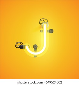 Yellow neon character from a font set on yellow background, vector illustration