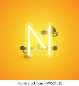 Yellow neon character from a font set on yellow background, vector illustration