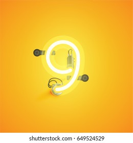 Yellow neon character from a font set on yellow background, vector illustration