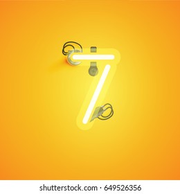 Yellow neon character from a font set on yellow background, vector illustration