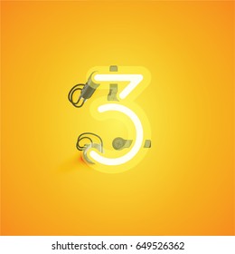 Yellow neon character from a font set on yellow background, vector illustration