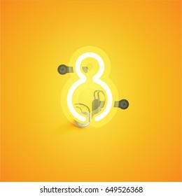 Yellow neon character from a font set on yellow background, vector illustration