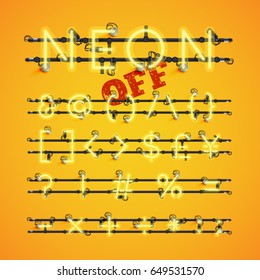 Yellow neon character set on yellow background, vector illustration