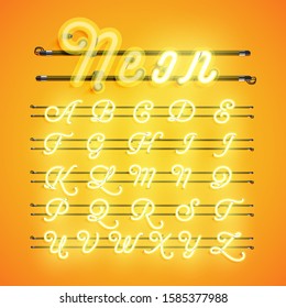 Yellow neon character set, vector illustration