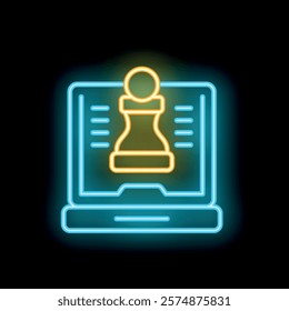 Yellow neon chess piece displayed on the blue screen of a laptop, symbolizing online strategy game