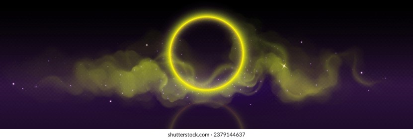 Círculo de neón amarillo con humo en la nube y resplandor. 3d anillo de plomo abstracto realista con rayo de niebla suave brillante y púrpura. Panorama de misterio con lente láser brillante circular dorado y vapor