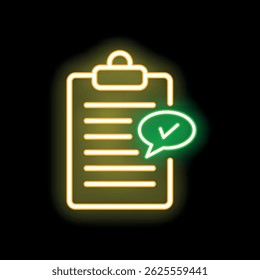Yellow neon clipboard with green validation check mark in speech bubble glowing on black background