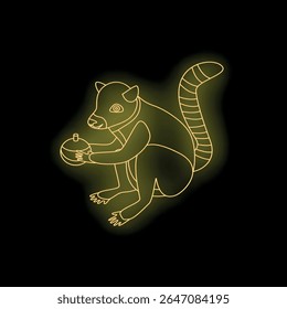 Yellow neon contour of a lemur holding a coconut sitting on black background