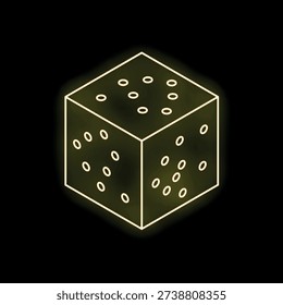Yellow neon dice shining on black background representing luck and games