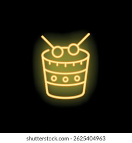 Yellow neon drum glowing on a black background, representing music, nightlife, and entertainment