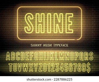 Fuente de neón amarillo y vector Señal de luz nocturna brillante sobre fondo de ladrillo