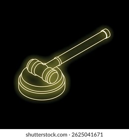 Yellow neon gavel resting on sound block, isometric right view glowing on black background
