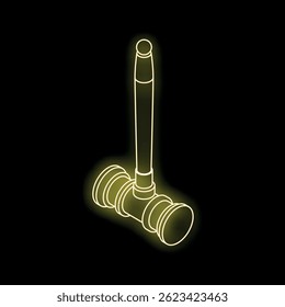 Yellow neon gavel striking surface creating shadow on black background