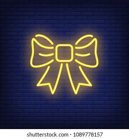 Yellow neon gift bow. Night bright sign element. Vector illustration for holiday, present box, festive design, celebration, christmas, advertisement
