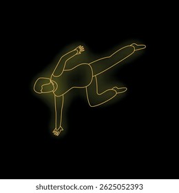 Yellow neon glow silhouette of a businessman flying through the air, representing concepts of freedom, success, and overcoming challenges