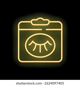 Yellow neon glowing icon of a medical record featuring an eye test chart on a clipboard, isolated on a black background
