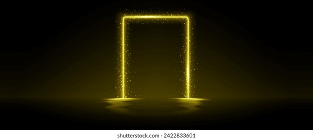 Yellow neon glowing rectangular frame with sparkle glitter over water surface with reflections. Realistic vector illustration of golden rectangle bright electric luminous border or magic door portal.