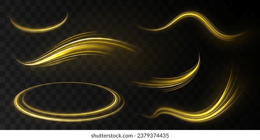 Anillo brillante de neón amarillo. Ola espiral brillante dorada chispa. Marco de neón brillante brillante brillante luminoso hecho de rayos brillantes. Giro de la línea de velocidad amarillo curvo. Sendero ondulado brillante. Vector png. 