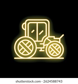 Yellow neon glowing symbol of tractor working on field at night