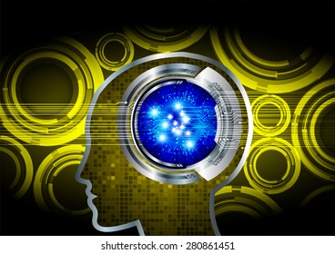 yellow Neon human head. CPU. blue Circuit board. Vector illustration. Abstract Technology background for computer graphic website internet and business. infographics.