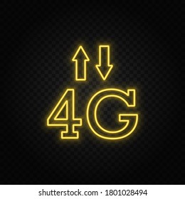 Yellow neon icon 4g, signal, arrows. Transparent background. Yellow neon vector icon