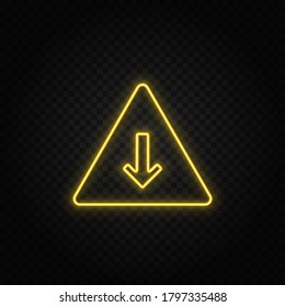 Yellow neon icon arrow, down, pyramid.Transparent background. Yellow neon vector icon