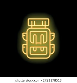 Gelbes Neonsymbol eines Rucksacks, der auf dunklem Hintergrund leuchtet