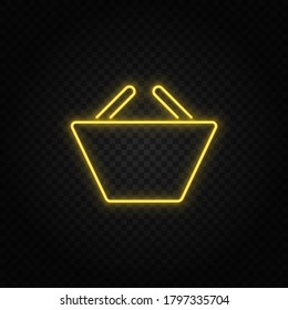 Yellow neon icon basket, ecommerce, shop.Transparent background. Yellow neon vector icon