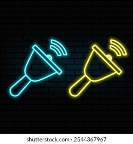 Yellow neon icon bell. Transparent background. Social media interface, notification, advertisement design. Night bright neon sign, colorful billboard, light banner. Vector illustration in neon style.