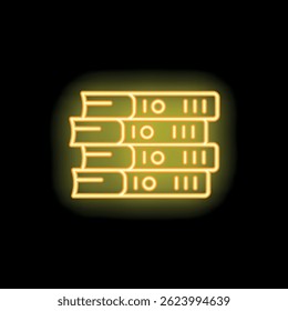 Icono de neón amarillo de una pila de libros que brilla sobre un fondo oscuro